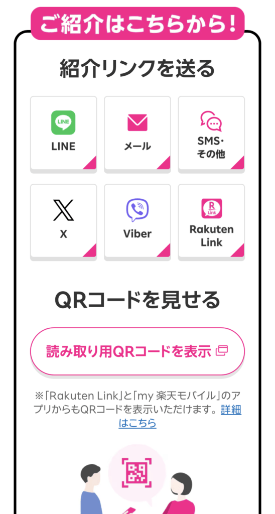 楽天モバイル紹介キャンペーンの手順説明の画像
紹介リンク選択画面