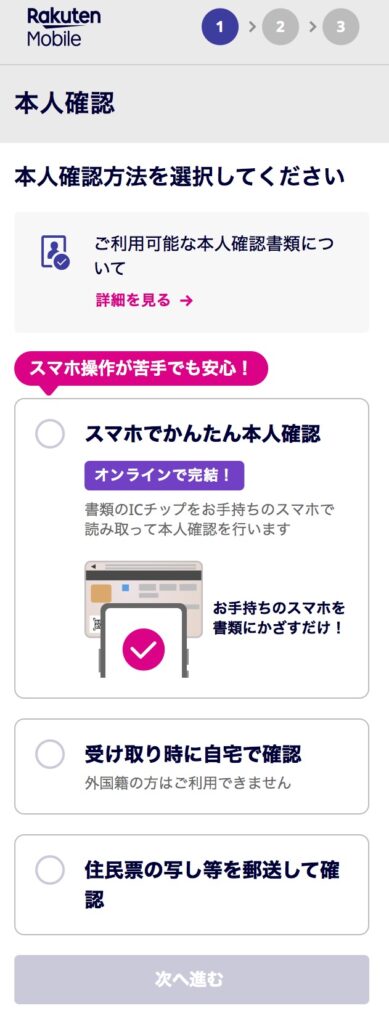 楽天モバイル本人確認方法選択画面のスクリーンショット
