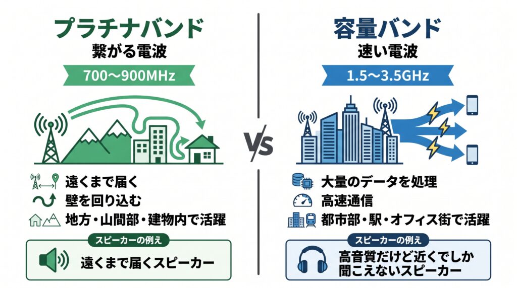 スマホの電波である「プラチナバンド」と「容量バンド」の違いを比較した図解画像。左側はグリーンを基調とした「プラチナバンド(繋がる電波)」。周波数は700〜900MHz。電波が山や建物を回り込んで届くイラストと共に、「遠くまで届く」「壁を回り込む」「地方・山間部・建物内で活躍」という特徴と、「遠くまで届くスピーカー」という例えを記載。右側はブルーを基調とした「容量バンド(速い電波)」。周波数は1.5〜3.5GHz。都市部の基地局からスマートフォンへ高速でデータが送られるイラストと共に、「大量のデータを処理」「高速通信」「都市部・駅・オフィス街で活躍」という特徴と、「高音質だけど近くでしか聞こえないスピーカー」という例えを記載している。