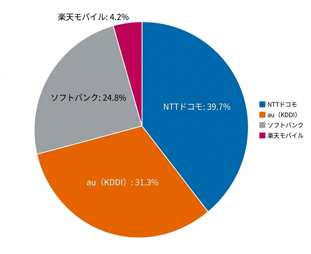 携帯キャリアのシェア率を示す円グラフの画像。ドコモ39.7%、au(KDDI)31.3%、ソフトバンク24.8%、楽天モバイル4.2%。