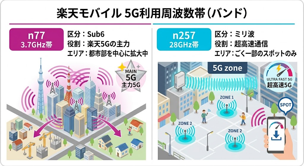 楽天モバイルの5G利用周波数帯(バンド)を説明するインフォグラフィック。左右2つの主要なセクションに分かれている。
左側は「n77(3.7GHz帯)」に関する説明で、テキストには「区分:Sub6」「役割:楽天5Gの主力」「エリア:都市部を中心に拡大中」とある。イラストでは、高層ビル群が立ち並ぶ都市部で、複数の電波塔からマゼンタ色の電波が広範囲に広がっている。中央にはマゼンタ色の星型バッジの中に「MAIN 5G / 主力5G」の文字。都市部から郊外(小さな家々)へ拡大を示すカーブした矢印が描かれている。
右側は「n257(28GHz帯)」に関する説明で、テキストには「区分:ミリ波」「役割:超高速通信」「エリア:ごく一部のスポットのみ」とある。イラストでは、ビルに囲まれた歩行者エリアの等角投影図。建物のアンテナや地面の特定のスポット(「ZONE 1」「ZONE 2」)から電波が出ており、「5G zone」と表示されている。右上のバッジには、スピードメーターのアイコン、ライトニングボルト、そして「ULTRA FAST 5G / 超高速5G」の文字。右下の手に持ったスマートフォンの画面には、ダウンロード完了を示す矢印と小さなスピードメーターが表示されている。
全体として、広範囲をカバーする主力バンド(n77)と、限定されたスポットで提供される超高速バンド(n257)の特性が視覚的に対比されている。