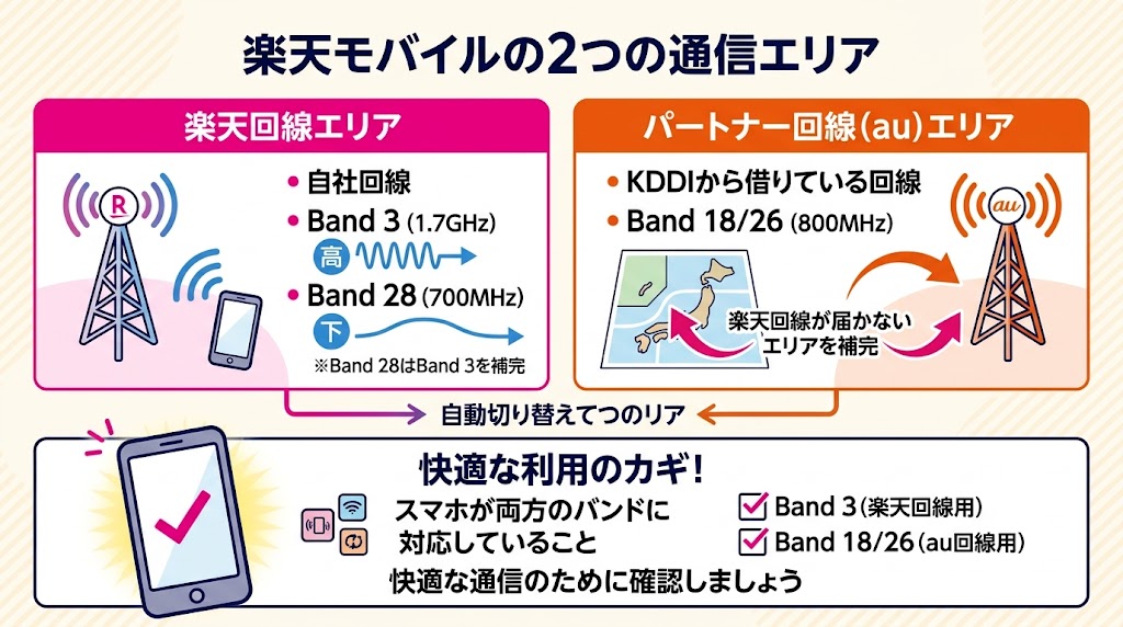 「楽天モバイルの2つの通信エリア」と題された解説図。
画像は、楽天モバイルの通信サービスが2つの異なる回線エリアで構成されていることを説明しています。
左側は「楽天回線エリア」で、「自社回線」を使用します。対応する周波数帯(バンド)は「Band 3(1.7GHz)」と、それを補完する「Band 28(700MHz、プラチナバンド)」です。
右側は「パートナー回線(au)エリア」で、「KDDIから借りている回線」を使用します。対応するバンドは「Band 18/26(800MHz、プラチナバンド)」で、楽天回線が届かないエリアを補完します。
中央には、場所によって2つのエリアが自動的に切り替わる仕組みが示されています。
下部の大きなパネルには「快適な利用のカギ!」として、使用するスマートフォンが「Band 3(楽天回線用)」と「Band 18/26(au回線用)」の両方に対応していることの重要性が強調されています。快適な通信のために確認を促すメッセージが添えられています。