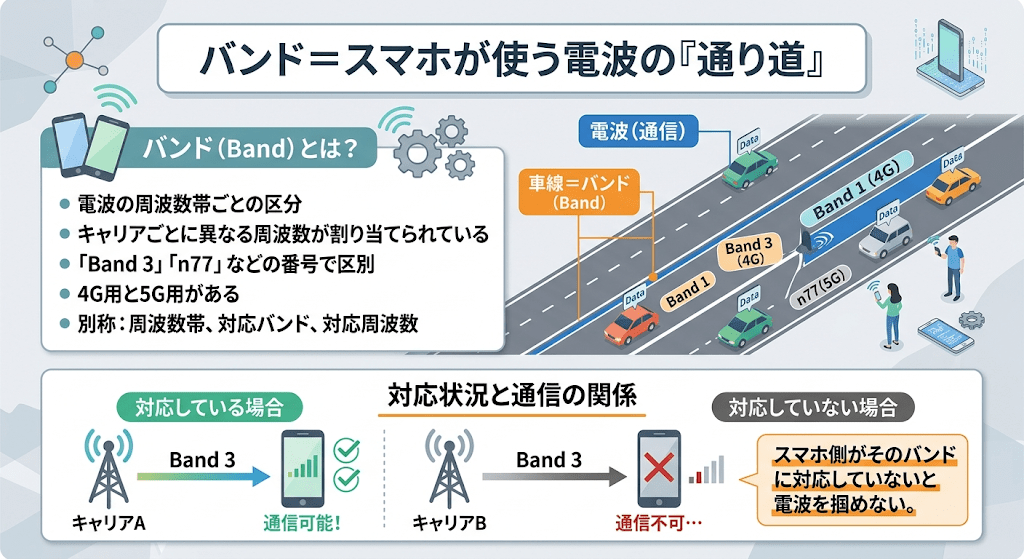 スマートフォンの電波の「バンド(Band)」について説明する日本語の解説図。
全体は、上部の大きなタイトル「バンド=スマホが使う電波の『通り道』」と、その下の3つのセクションで構成されています。
左上の解説ボックスには「バンド (Band) とは?」という見出しがあり、以下の5つのポイントが箇条書きで示されています:
* 電波の周波数帯ごとの区分
* キャリアごとに異なる周波数が割り当てられている
* 「Band 3」「n77」などの番号で区別
* 4G用と5G用がある
* 別称:周波数帯、対応バンド、対応周波数
右上のイラストは、道路を電波の「通り道」に見立てたメタファー(隠喩)です。「電波(通信)」を表す道路全体の中で、各車線が「車線=バンド (Band)」であることを示しています。車が「Data」を載せて走っており、車線には具体的なバンド名が振られています。左から「Band 1」「Band 3 (4G)」「n77 (5G)」の車線が描かれています。
下部のボックスには「対応状況と通信の関係」という見出しがあり、2つのケースを比較しています。
左側の「対応している場合」は、キャリアAの基地局から「Band 3」の電波がスマートフォンに届き、スマホ画面に緑色のチェックマークと「通信可能!」という文字が表示されています。
右側の「対応していない場合」は、キャリアBの基地局から「Band 3」の電波がスマートフォンに届いていますが、スマホ画面には赤いX印と「通信不可…」という文字が表示されています。
右下のテキストボックスには、重要なポイントとして「スマホ側がそのバンドに対応していないと電波を掴めない。」と強調して書かれています。